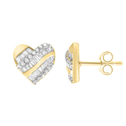 Ladies Heart-Shaped Earrings 0.33Ct Round & Baguette Diamond 10K Yellow Gold Elegant Fashion Jewelry For Women