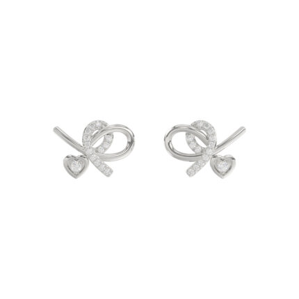 Elegant 10K White Gold Ladies Earrings Featuring A Clustered Heart Design With Twisted Detailing And 0.10 Ct Round Diamonds. Romantic Fine Jewelry For