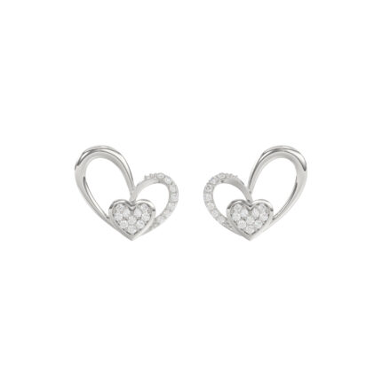 Elegant 10K White Gold Fashion Earrings Featuring A Double Heart Design With 0.15 Ct Round Diamonds. A Romantic And Stylish Ladies Jewelry