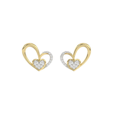 Elegant 10K Yellow Gold Fashion Earrings Featuring A Double Heart Design With 0.15 Ct Round Diamonds. A Romantic And Stylish Ladies Jewelry