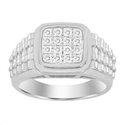 Sterling Silver Men�S Diamond Ring 0.50Ct Round Cut Square Cluster Brilliant Diamond Ring For Him