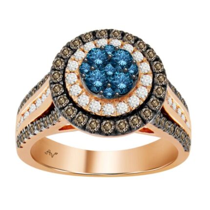 14K Rose Gold Multi Color Diamond Halo Ring 1.50Ct Blue, Dark Brown & Round Diamond Ladies Ring