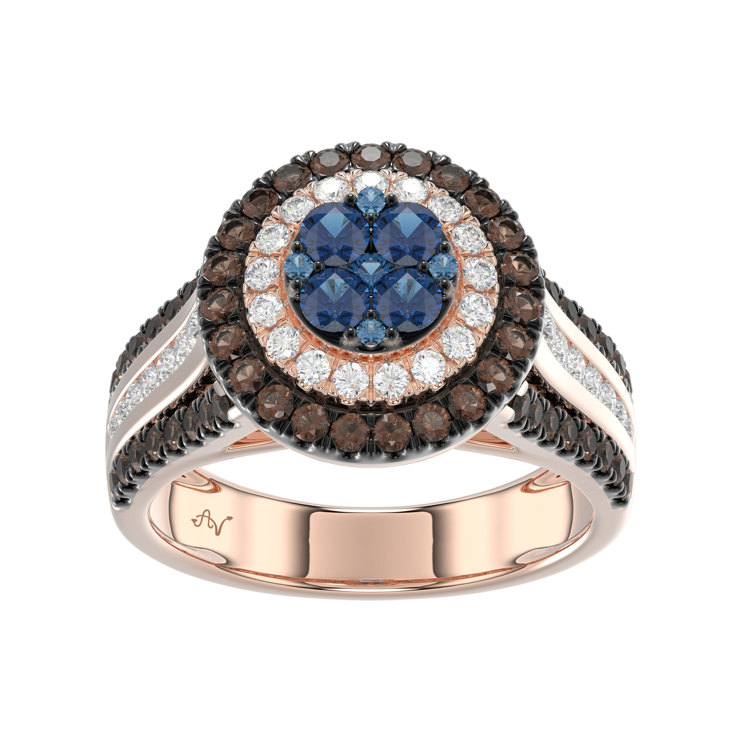14K Rose Gold Multi Color Diamond Halo Ring 1.50Ct Blue, Dark Brown & Round Diamond Ladies Ring 1 14K Rose Gold Multi Color Diamond Halo Ring 1.50Ct Blue, Dark Brown & Round Diamond Ladies Ring - Image 1