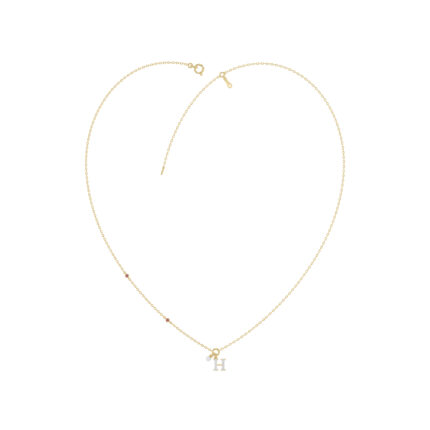 Stylish 10K Yellow Gold Ladies “H” Letter Necklace Featuring Round Ruby Diamonds And Pearl Accents. A Delicate And Personalized Fine Jewelry