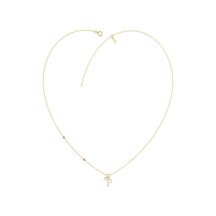 Stylish 10K Yellow Gold Ladies “P” Letter Necklace Featuring Round Ruby Diamonds And Pearl Accents. A Delicate And Personalized Fine Jewelry