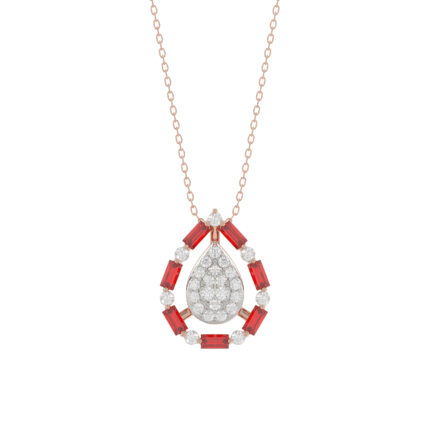 Elegant 14K Rose Gold Ladies Pendant Featuring Ruby And Diamond Accents With Round And Baguette Cut 0.50 Ct. Includes Chain For A Complete Look.