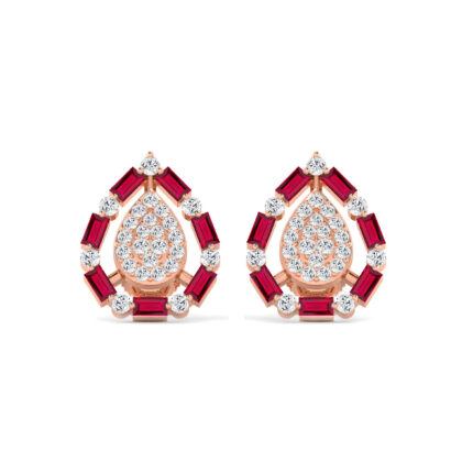 Elegant 14K Rose Gold Ladies Earrings Featuring Ruby And Diamond Accents With Round And Baguette Cuts 0.88Ct. A Luxurious Fine Jewelry Design.