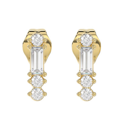 10K Yellow Gold 0.10Ct Diamond Earring Featuring Round And Baguette Accents. A Simple Yet Sophisticated Ladies Fine Jewelry