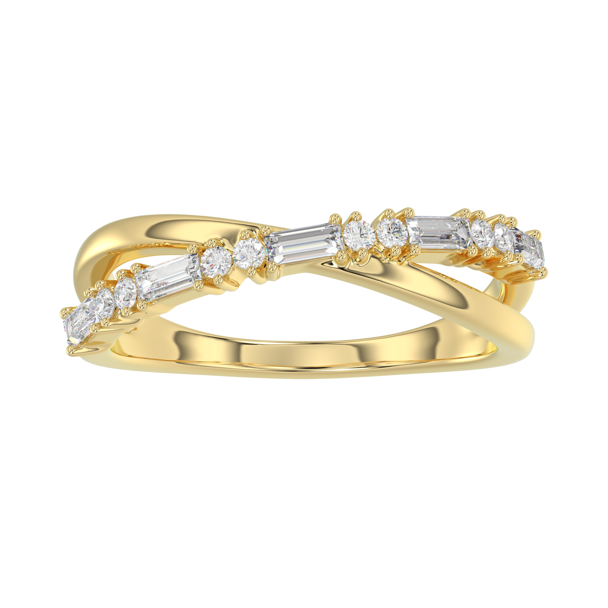 Elegant 10K Yellow Gold Ladies Crossover Ring Featuring Alternating Round And Baguette Diamonds 0.20 Ct. A Modern Fine Jewelry Design For Women. 1 Elegant 10K Yellow Gold Ladies Crossover Ring Featuring Alternating Round And Baguette Diamonds 0.20 Ct. A Modern Fine Jewelry Design For Women. - Image 1