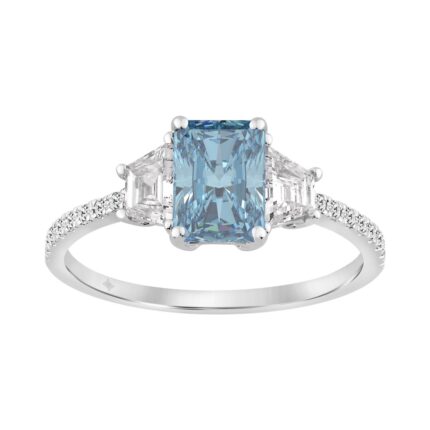14K White Gold 1 1/2CT Trapezoid/Round/Radiant Cut Blue Diamond Three-Stone Engagement Ladies Ring 1.00CT Radiant Center stone (Color F-G -Clarity V