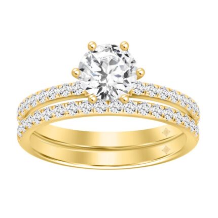 14K Yellow Gold Round Diamond Bridal Ring Set 1 1/2Ct & 1.00Ct Center Round Lab Grown Diamond Engagement Ring & Matching Wedding Band For Women (Colo