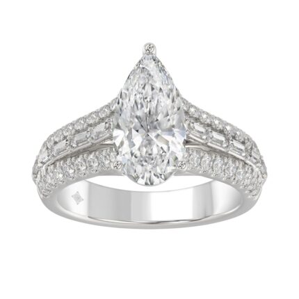 Luxury 14K White Gold Ladies Diamond Ring 2 3/4CT Round Pear & Baguette Diamonds with 2.00CT Pear Center stone (Color F-G -Clarity VS1/VS2)