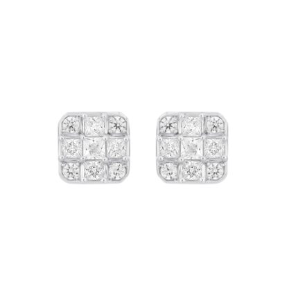 LADIES EARRINGS 1CT ROUND/PRINCESS DIAMOND 14K WHITE GOLD