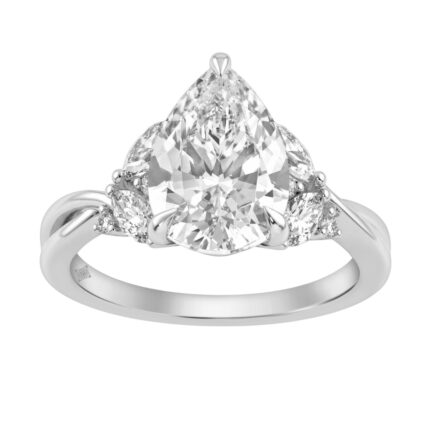 14K White Gold 3 1/2Ct Lab-Grown Diamond Engagement Ring For Women 3Ct Pear Center With Marquise & Round Side Stones, Elegant Bridal Ring (Color F-G -
