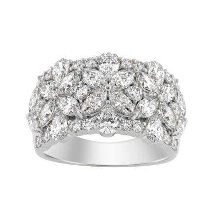 14K White Gold 3.00Ct Mixed Shape Diamond Cluster Ring Round, Marquise & Pear Floral Inspired Ladies Ring (Color F-G -Clarity Vs1/Vs2)