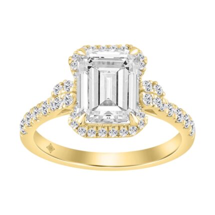14K Yellow Gold 3 1/2Ct Emerald & Round Lab-Grown Diamond Halo Bridal Ring For Women Luxury Engagement Ring 3Ct Emerald Center Stone (Color F-G -Clari