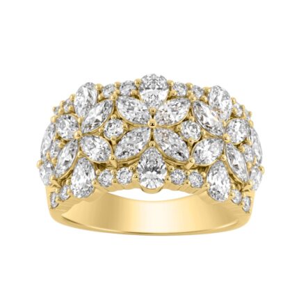 14K Yellow Gold 3.00Ct Mixed Shape Diamond Cluster Ring Round, Marquise & Pear Floral Inspired Ladies Ring (Color F-G -Clarity Vs1/Vs2)