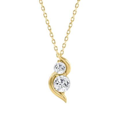 14K Yellow Gold Lab Grown 1.00Ct Round Diamond Ladies Pendant Two Stone Curved Drop Design With Chain (Color F-G -Clarity Vs1/Vs2)