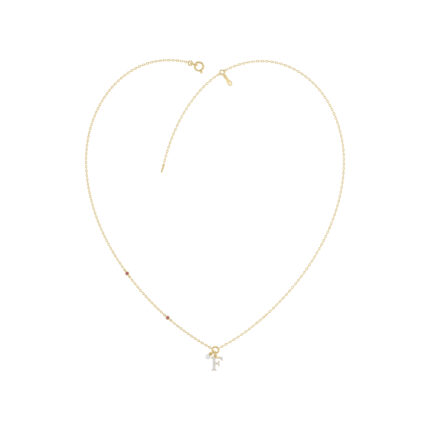Stylish 10K Yellow Gold Ladies “F” Letter Necklace Featuring Round Ruby Diamonds And Pearl Accents. A Delicate And Personalized Fine Jewelry