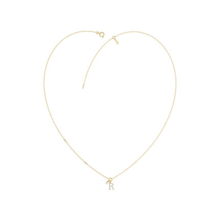 Stylish 10K Yellow Gold Ladies “R” Letter Necklace Featuring Round Ruby Diamonds And Pearl Accents. A Delicate And Personalized Fine Jewelry