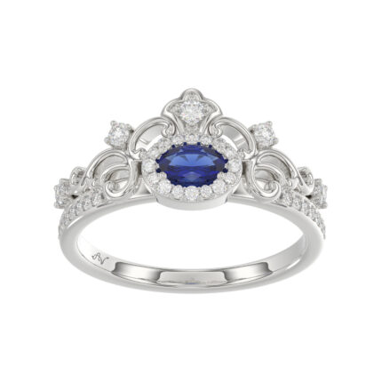 14K White Gold 0.45Ct Blue Sapphire & Round Diamond Engagement Ring For Women Oval Natural Sapphire Fashion Ring (Oval Blue Sapphire 0.30Ct)