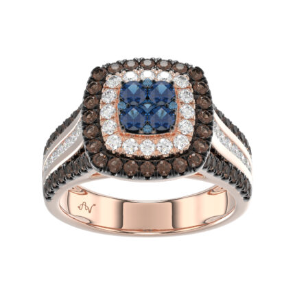 Bold And Elegant 14K Rose Gold Ladies Ring Featuring 1.50Ct Round Diamonds In Blue, Dark Brown , And White Tones. A Striking Multi-Stone Design Perfec