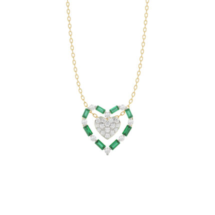 LADIES PENDANT 0.35CT ROUND/GREEN EMERALD BAGUETTE DIAMOND 14K YELLOW GOLD