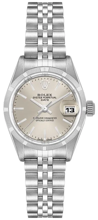 Rolex Oyster Perpetual Date Silver Stick Dial on Jubilee Ref 79190 with Papers