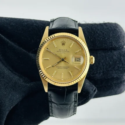 Rolex Oyster Perpetual Date Champagne Stick Dial on Generic Leather Band Ref 15038