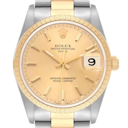 Rolex Oyster Perpetual Date Champagne Stick Dial on Oyster Ref 15223 with Papers 1990