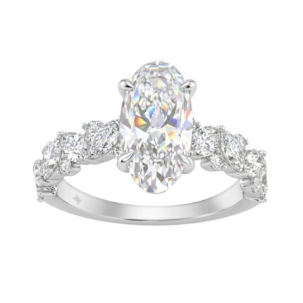 14K White Gold 3.00Ct Diamond Engagement Ring For Women 2.00Ct Elongated Oval Center Stone With Marquise & Round Side Stones, Luxury Bridal Ring (Colo