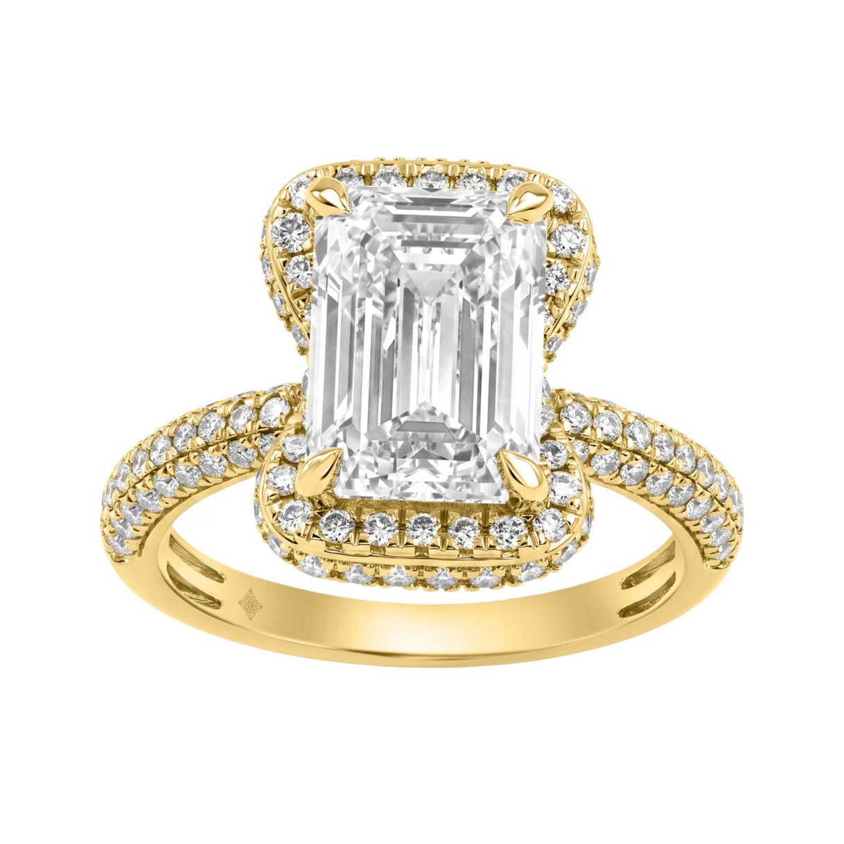 14K Yellow Gold 4 1/2Ct Ladies Emerald Cut Halo Engagement Ring 4Ct Emerald Center Stone & Round Diamond (Color F-G -Clarity Vs1/Vs2) 1 14K Yellow Gold 4 1/2Ct Ladies Emerald Cut Halo Engagement Ring 4Ct Emerald Center Stone & Round Diamond (Color F-G -Clarity Vs1/Vs2) - Image 1