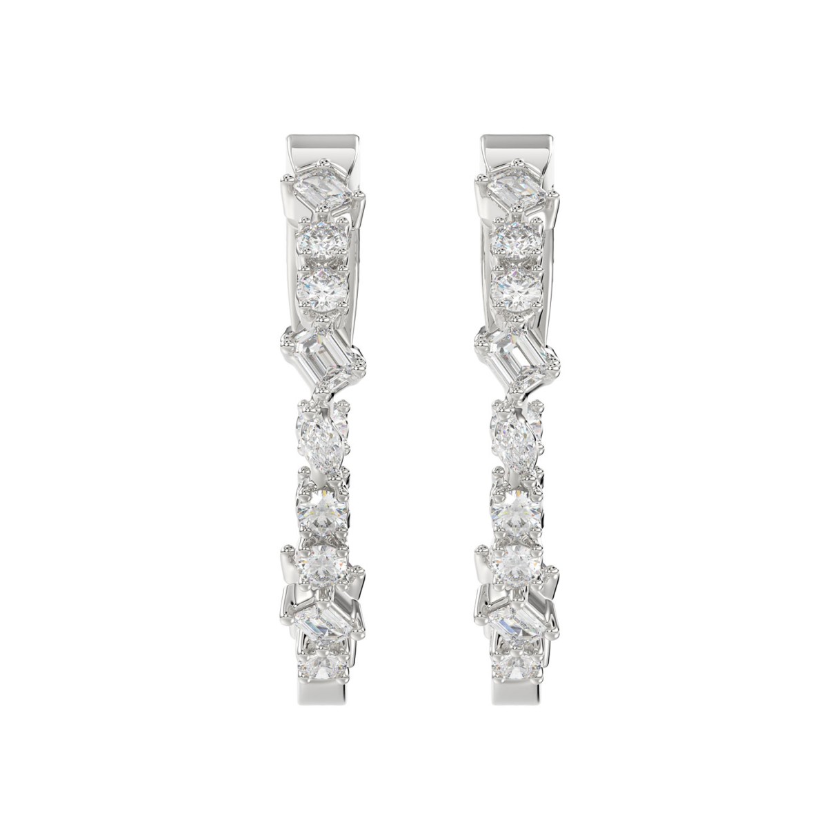 LADIES HOOP EARRINGS 2 1/2CT ROUND/EMERALD/MARQUISE DIAMOND 14K WHITE GOLD 1 LADIES HOOP EARRINGS 2 1/2CT ROUND/EMERALD/MARQUISE DIAMOND 14K WHITE GOLD - Image 1