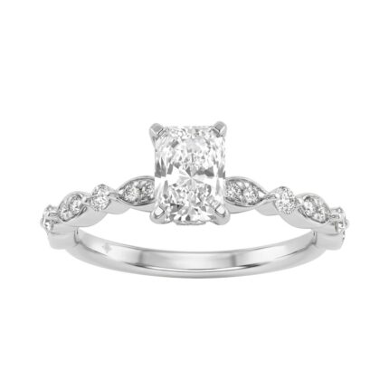 14K White Gold Radiant Cut Diamond Ladies Engagement Ring 1 1/4Ct With 1.00 Ct Center & Round Side Diamonds 1Ct Radiant Center Stone (Color F-G -