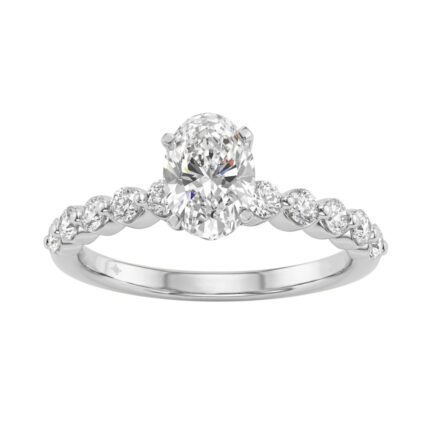 1 1/2Ct Round & Oval Diamond Classic Ring In 14K White Gold Ladies Fine Jewelry Ring 1Ct Oval Center Stone (Color F-G -Clarity Vs1/Vs2)