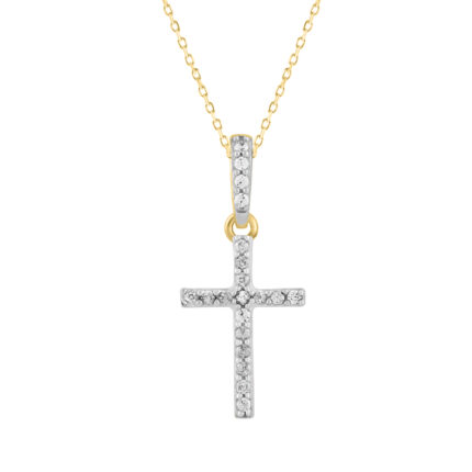 Elegant Sterling Silver Yellow Cross Pendant With Chain 0.05CT Round Diamond