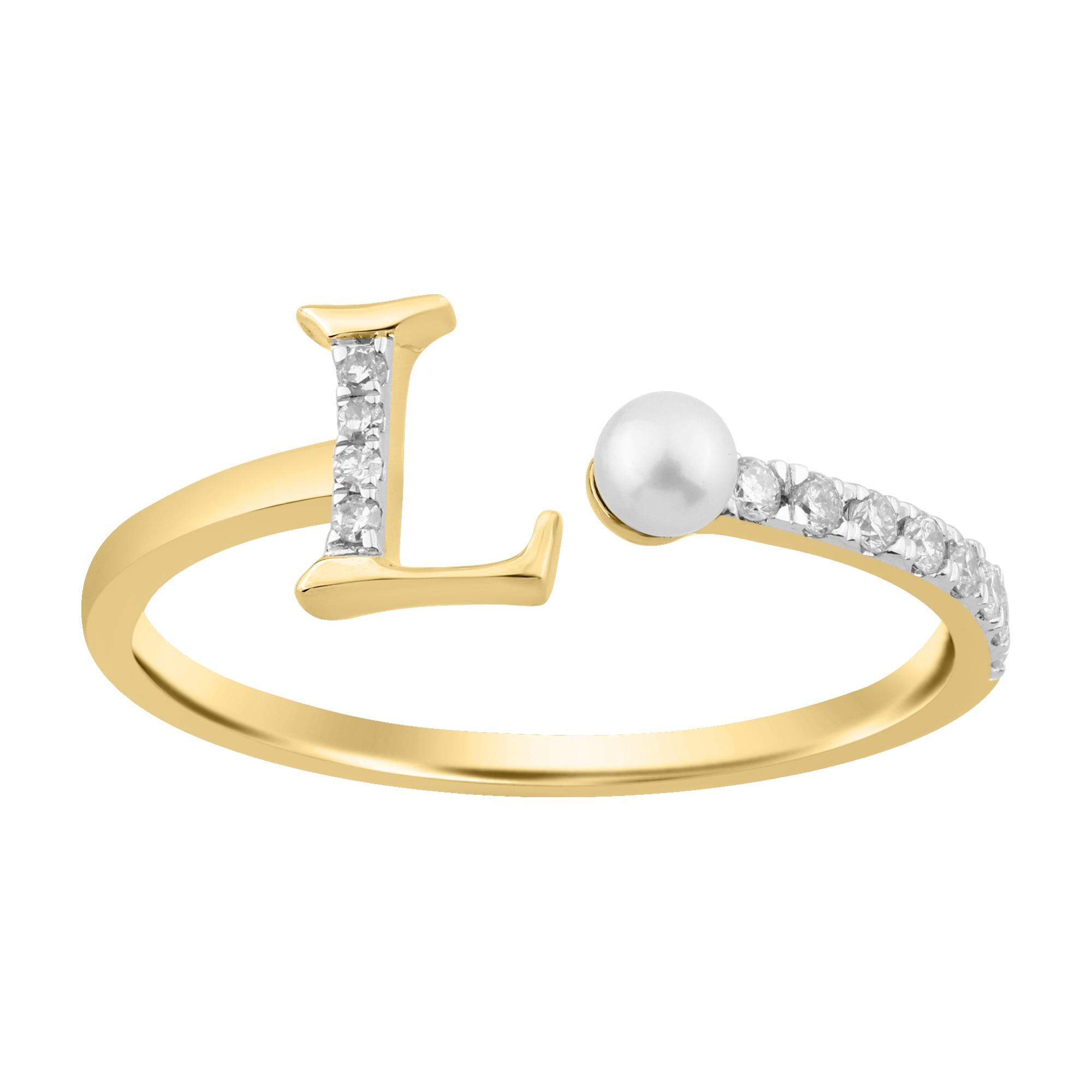 10K Yellow Gold Ladies 0.10CT Round Diamond Pearl “L” Alphabet Ring Elegant Initial Jewelry 1 10K Yellow Gold Ladies 0.10CT Round Diamond Pearl “L” Alphabet Ring Elegant Initial Jewelry - Image 1