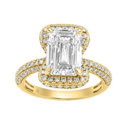 14K Yellow Gold 4 1/2Ct Ladies Emerald Cut Halo Engagement Ring 4Ct Emerald Center Stone & Round Diamond (Color F-G -Clarity Vs1/Vs2)