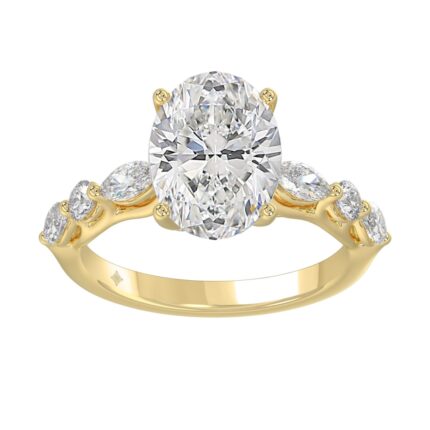 Elegant 14K Yellow Gold Bridal Fancy Ring for Ladies 3 3/4CT Round & Marquise& Oval Cut Diamonds 3.00CT Oval Center stone (Color F-G -Clarity