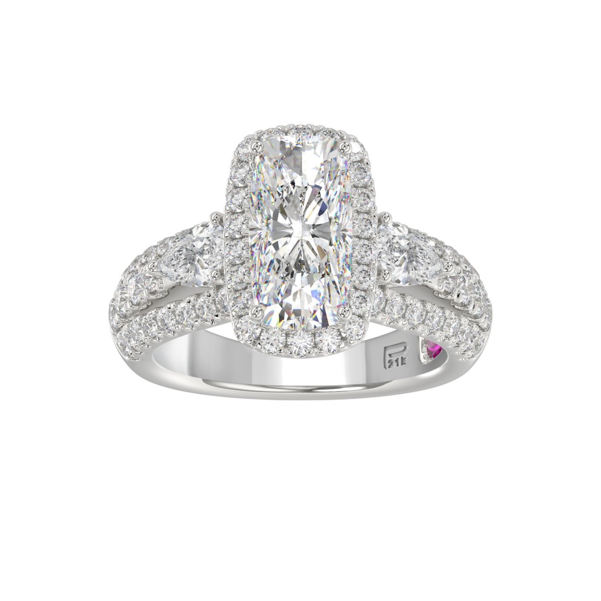 21K PLATINUM LADIES RING 3 1/2CT ROUND/PEAR/CUSHION/BAGUETTE DIAMOND (CENTER STONE CUSHION DIAMOND 2CT) 1 21K PLATINUM LADIES RING 3 1/2CT ROUND/PEAR/CUSHION/BAGUETTE DIAMOND (CENTER STONE CUSHION DIAMOND 2CT) - Image 1
