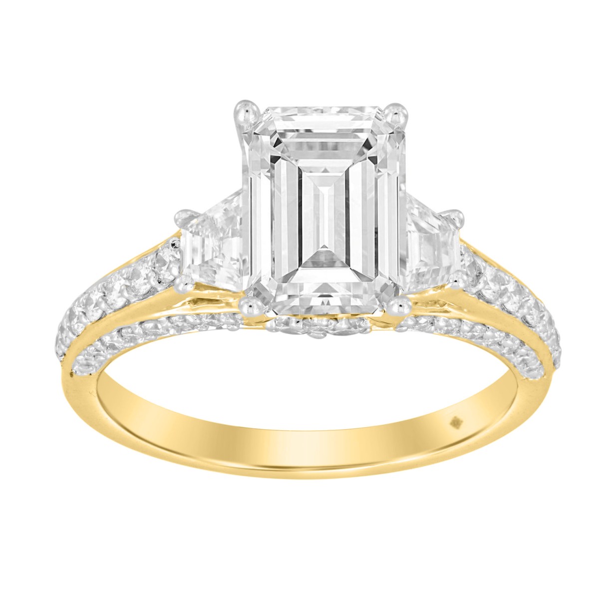 LADIES RING 3CT ROUND/EMERALD/TRAPEZOID DIAMOND 14K YELLOW GOLD (CENTER STONE EMERALD DIAMOND 2CT ) 1 LADIES RING 3CT ROUND/EMERALD/TRAPEZOID DIAMOND 14K YELLOW GOLD (CENTER STONE EMERALD DIAMOND 2CT ) - Image 1