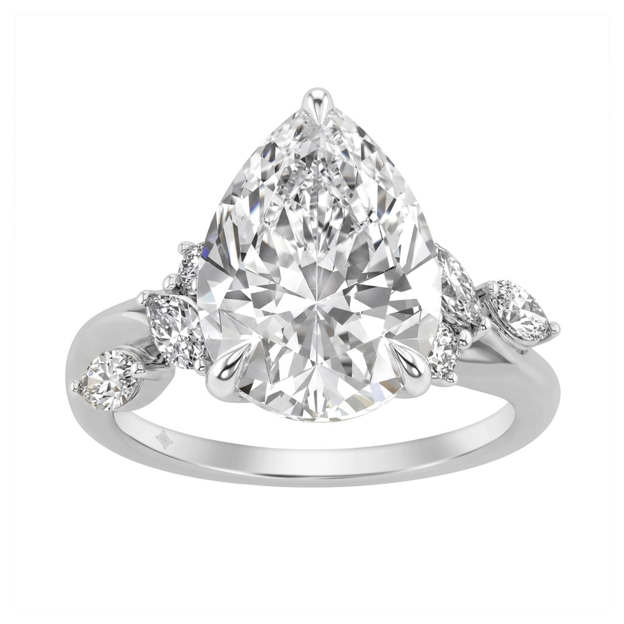 14K White Gold 5 1/2Ct Lab-Grown Diamond Engagement Ring For Women 5Ct Pear Center Stone With Marquise/Round Side Stones, Luxury Bridal Ring (Color F- 1 14K White Gold 5 1/2Ct Lab-Grown Diamond Engagement Ring For Women 5Ct Pear Center Stone With Marquise/Round Side Stones, Luxury Bridal Ring (Color F- - Image 1