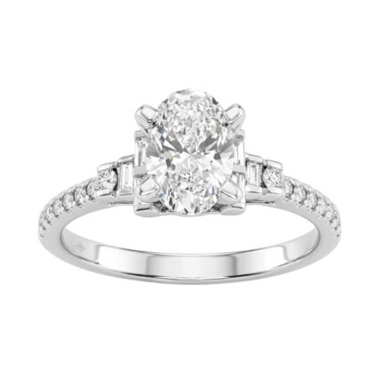 14K White Gold Lab Grown Emerald Cut Diamond Ladies Engagement Ring 1 1/4Ct With Round & Baguette Side Stones 1Ct Oval Center Stone (Color F-G -Cl
