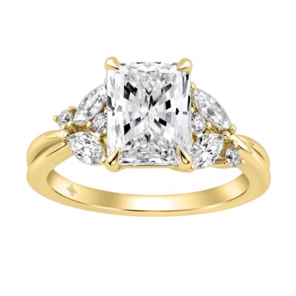 14K Yellow Gold Ladies Lab-Grown Brown Diamond Ladies Engagement Ring 3 1/2Ct Radiant, Round & Marquise With Side Marquise Accents 3Ct Radiant Cen