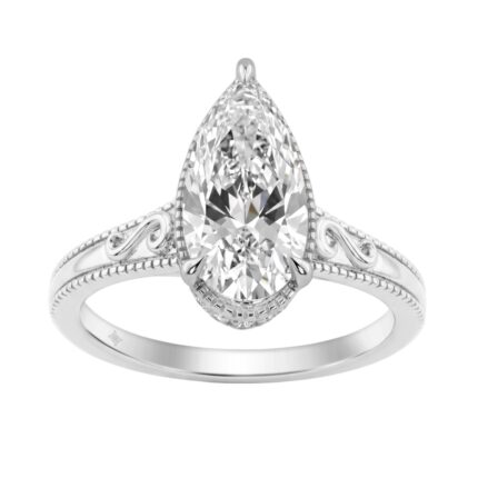 LADIES 14K White Gold 2 1/6Ct Diamond Engagement Ring Elongated Pear Cut Center With Round Side Stones, Elegant Fine Ring 2Ct Pear Center Stone (Color