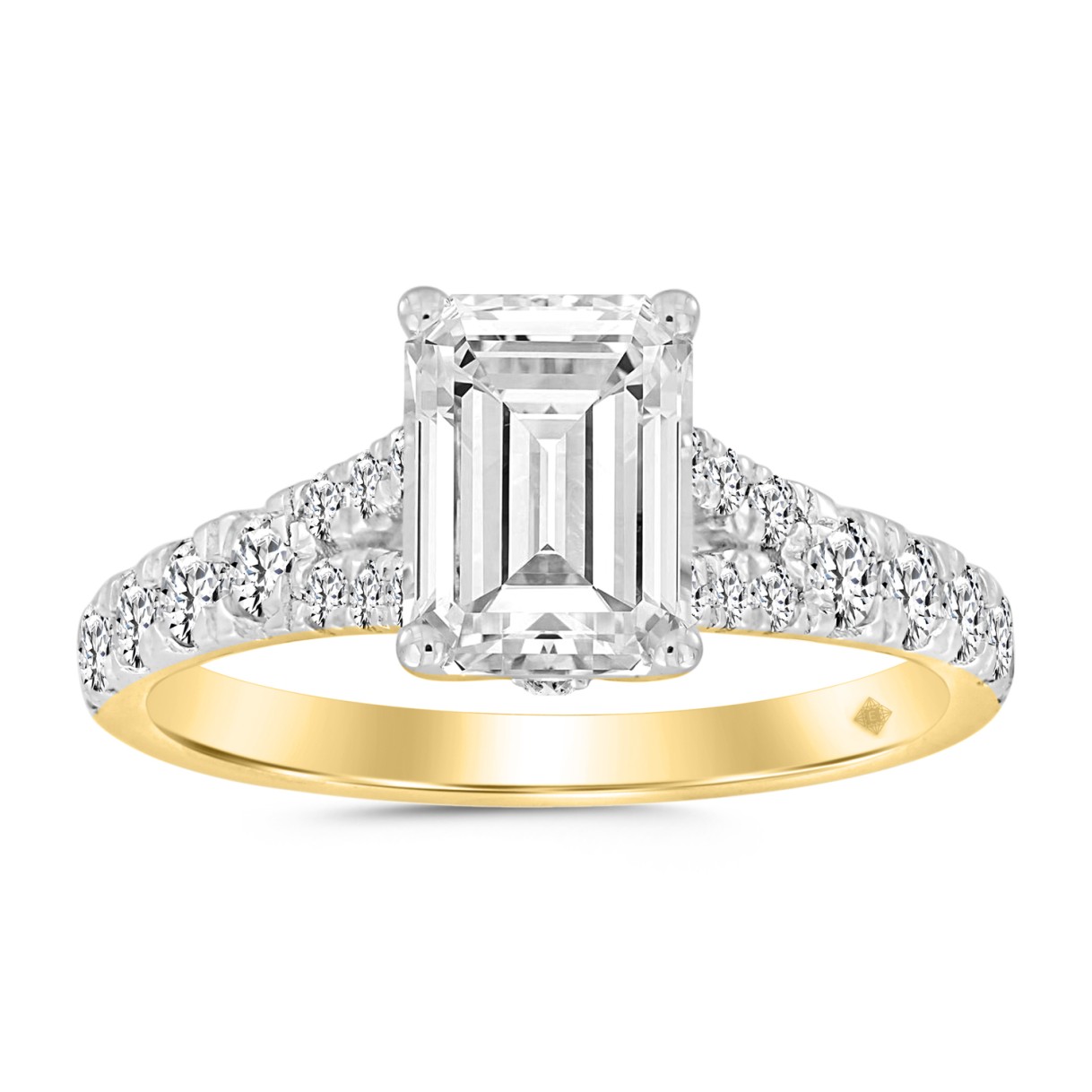 LADIES RING 2CT ROUND/EMERALD DIAMOND 14K YELLOW GOLD (CENTER STONE EMERALD DIAMOND 1 1/2CT ) 1 LADIES RING 2CT ROUND/EMERALD DIAMOND 14K YELLOW GOLD (CENTER STONE EMERALD DIAMOND 1 1/2CT ) - Image 1