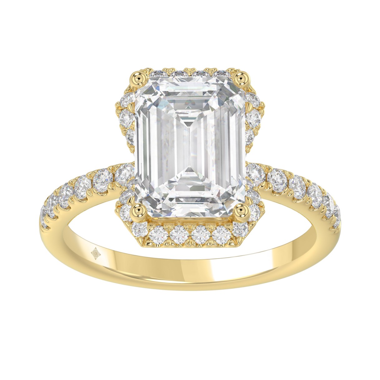14K Yellow Gold 4 1/2CT ladies Round & Emerald-cut diamond halo engagement Ring 4.00CT Emerald Center stone (Color F-G -Clarity VS1/VS2) 1 14K Yellow Gold 4 1/2CT ladies Round & Emerald-cut diamond halo engagement Ring 4.00CT Emerald Center stone (Color F-G -Clarity VS1/VS2) - Image 1