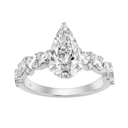 14K White Gold 3.00 Ct Diamond Halo Engagement Ring For Women Elongated 2Ct Pear Cut Center Stone With Round & Marquise Side Stones, Luxury Bridal