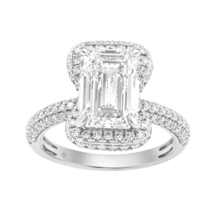 14K White Gold 4 1/2Ct Ladies Emerald Cut Halo Engagement Ring 4Ct Emerald Center Stone & Round Diamond (Color F-G -Clarity Vs1/Vs2)