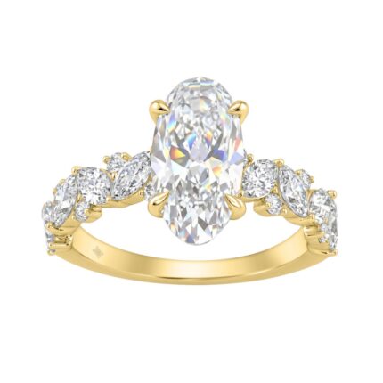 14K Yellow Gold 3.00Ct Diamond Engagement Ring For Women 2.00Ct Elongated Oval Center Stone With Marquise & Round Side Stones, Luxury Bridal Ring (Col